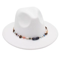 Detail of white felt fedora hat featuring a bohemian colorful beaded band with charms - One Size / White (Obsidian Decoration)