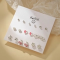 Set of 9 pairs of silver fashion earrings with pearls, crystals, hearts and cherry designs - Sweet Butterfly Cherry Style (E1959-1)