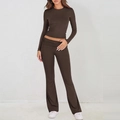 Completo marrone scuro con maglia aderente a maniche lunghe e pantaloni a campana - XS / Caffè Scuro