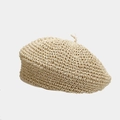 Close-up of beige woven straw beret showing intricate breathable crochet texture details - One Size / Beige