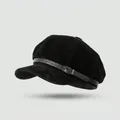 Retro black faux suede newsboy cap with leather strap and metallic buckle detail - One Size / Belt Suede-Black