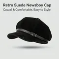 Retro black faux suede newsboy cap with leather strap and metallic buckle detail - One Size / Belt Suede-Black