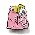 Broche en émail sac d'argent rose mignon avec lingots d'or et diamants sur fond blanc - Sac d'Argent Rose