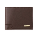 Short brown leather men's wallet with decorative stitching and metal logo plaque - Horizontal / Coffee