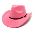 Vue détaillée d'un chapeau de cowboy rose en suédine avec bandeau noir et boucle argent - M(56-58cm) / Rose Fluorescent