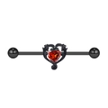 Industrial barbell featuring a black heart frame with a vibrant red heart gemstone - Black Red Heart Framework