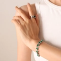 Silver jewelry set with green rectangular gemstones featuring a ring and curb chain bracelet - Silver Color Green Zirconia Bracelet-16+5cm