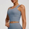 Grayish blue wide strap sports bra and high waist yoga pants set for fitness - Grayish Blue