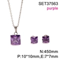 Conjunto de collar y pendientes de acero chapado en oro con circón morado cuadrado - Plata-Piedra Púrpura