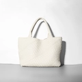 Chic cream white woven leather tote bag with sturdy handles in a minimalist design - Off White