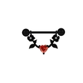 Macro view of gothic black rose nipple shield with a central red heart zircon gemstone - Black Rose Red Heart Gothic
