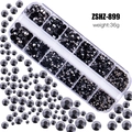 12-grid box of black faceted flatback rhinestones for nail art and DIY jewelry - Mineral Black (ZSHZ-899)