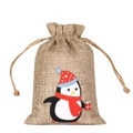 Christmas burlap drawstring gift bag featuring a cute cartoon penguin print on jute - Penguin with Gift C-04 / 10*15cm