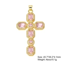 Gold cross necklace pendant with pink gemstone and white cubic zirconia accents - Style 60/Gold Pink Baguette Model 2/45.7*26.2*4.1mm