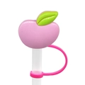 Cute pink apple silicone straw cover cap with green leaf detail for drink accessories - Pink Apple-1750-22