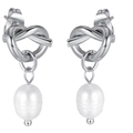 Minimalist silver twist earrings with white freshwater pearl pendants on white background - Heart Knot Freshwater Pearl / Silver