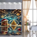 Detail of Christmas shower curtain with ginger cat and festive lights hanging by metal rings - 181x188cm / Christmas Orange Cat