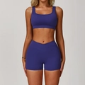Two-piece dark purple-blue yoga set with sports bra and cross high-waisted shorts - S / Top And Bottom / Bra + Shorts / Rosey Blue
