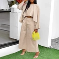 Elegant two-piece beige set featuring a loose long-sleeve top and high-waist wide-leg pants - S / Apricot