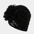 Detailed view of black lace turban featuring floral embroidery and sequins with mesh texture - Black with Black Sequins