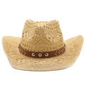 Chapeau de cowboy en paille beige ajourée avec ruban en cuir clouté et garniture en V argentée - M(56-58cm) / Chameau