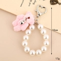 Plush pink bear keychain with pearl chain and silver heart lobster clasp, 10cm length - Pink Bear