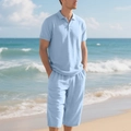 Men's light blue linen polo shirt and shorts set shown against a sunny beach background - Sky Blue