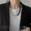 Minimalist half silver chain and half black bead necklace with rhombic zircon pendant - Asymmetric Spliced Rhombus Pendant Necklace (X1190) / Black Silver