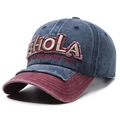 Gorra de béisbol vintage de denim azul y rojo con bordado Hola y bordes desgastados - Ajustable / Azul marino