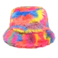 Colorful rainbow faux fur bucket hat with long shaggy plush texture for winter style - M (56-58cm) / Rainbow Gradient Style (2#)