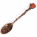 Vintage bronze coffee spoon with carved floral pattern and orange carnelian stone top - Crushed Stone Style / Red Jasper