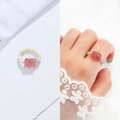 Macro detail of pink gemstone and pearl beaded ring with model wearing view - One Size(Elastic) / Freshwater Pearl Strawberry Quartz Tourmaline Ring