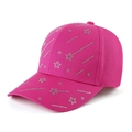 Close-up of pink sun hat featuring shiny silver rhinestone stars and meteor patterns - Rose Red