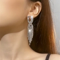 Elegant silver-plated tassel earrings with sparkling rhinestones worn by a female model - Silver Geometric Luxury Tassel (DTE1616979S)