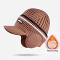 Winter knit trapper hat in brown with fleece lining and ear flaps for men - Fleece-lined Ear Protection Knit Hat / Coffee