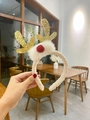 Christmas headband with beige plush, gold glitter antlers and a red pom pom detail - Gold
