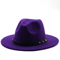 Detail of the dark purple fedora hat with a black studded leather band and wide brim - M (56-58cm) / Purple