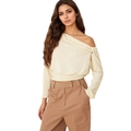 Top elegante beige de un hombro y manga larga con pliegues en la cintura para mujer - S / Beige