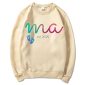 Apricot Mama Est 2025 Coquette Hoodie with blue baby footprints graphic in size M - Khaki