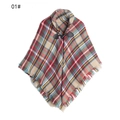 Kids plaid poncho with toggle horn button and fringe in red and blue check pattern - One Size / Camel