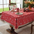 Red Christmas cotton tablecloth with white reindeer motifs and elegant beige fringe trim - 90x90cm / Red Deer + Tassel