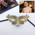 Elegant gold lace masquerade mask with sparkling sequins and black ribbon ties - Flower Fox