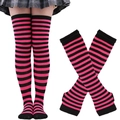 Detail of pink and black striped over-knee socks and matching arm warmer gloves set - Rose Black Striped Socks and Gloves