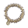 Detail of grey crystal bead hair tie with gold woven cord and Just Write round metal tag - 8# Light Grey Crystal Hair Tie