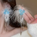 Elegant long pearl earrings with light blue petals, white feathers and silver cross charms - Blue Flower Feather Cross Style