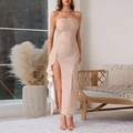 Elegante abito lungo a fascia con paillettes oro champagne con spacco alto e vestibilità - XS / Champagne