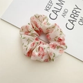 Pink floral chiffon scrunchie with green leaf pattern for elegant hair styling - Pink Floral