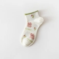Cream white low cut socks with green trim and cute pink rabbit cartoon pattern - Cream White Bear - Ankle