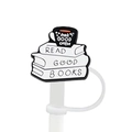 White silicone straw cover featuring a stack of books and a coffee cup for 8-10mm straws - 1-READ GOOD BOOKS