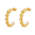 Golden C-shaped stainless steel earrings featuring white pearls and scallop texture - C-Shape Scallop Texture Pearl Inlay (MS-511)